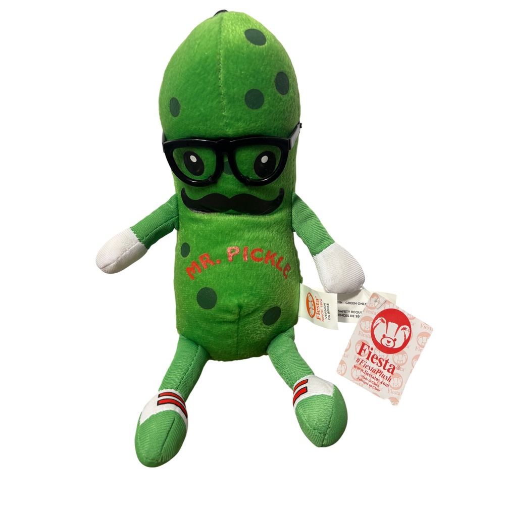 Fiesta Mr. Pickle Plush Stuffed Animal Green Mustache Glasses NWT 10 inch